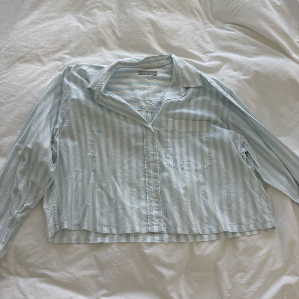 Everlane The Way-Short Shirt Light Blue and White Striped Button-Down Shirt